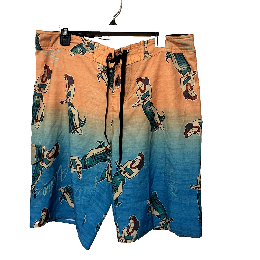 Hang Ten Orange to Blue Ombre Board Shorts with Mermaid Print